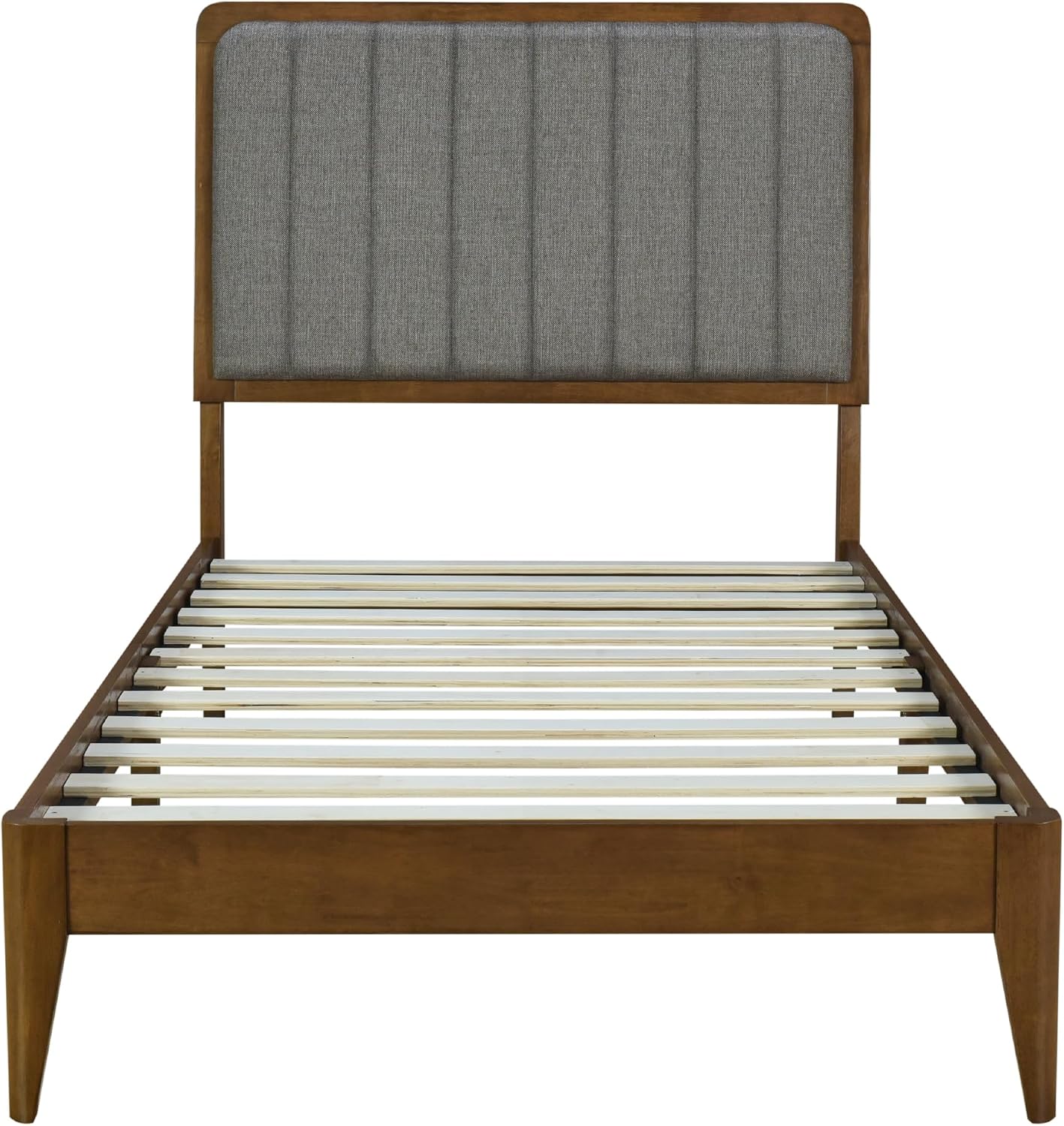 DG Casa Raven Solid Wood Twin Size Bed Frame - Mid Century Modern Style, Platform with Tufted Upholstered Adjustable Height Headboard, No Box Spring Required, Walnut Finish, Brown Fabric
