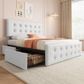 IDEALHOUSE Queen Size Bed Frame with 4 Storage Drawers and Headboard, Faux Leather Upholstered Platform Bed Frame with Wooden Slats Support, Button Tufted Design, No Box Spring Needed, White