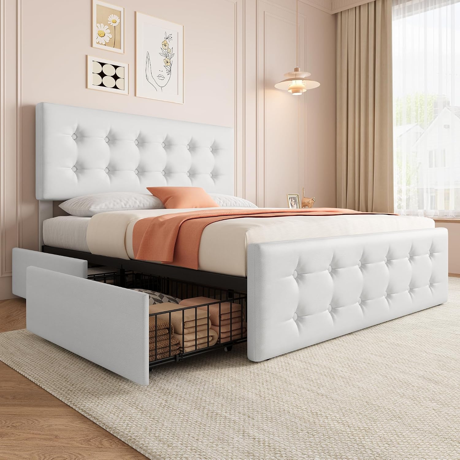 IDEALHOUSE Queen Size Bed Frame with 4 Storage Drawers and Headboard, Faux Leather Upholstered Platform Bed Frame with Wooden Slats Support, Button Tufted Design, No Box Spring Needed, White