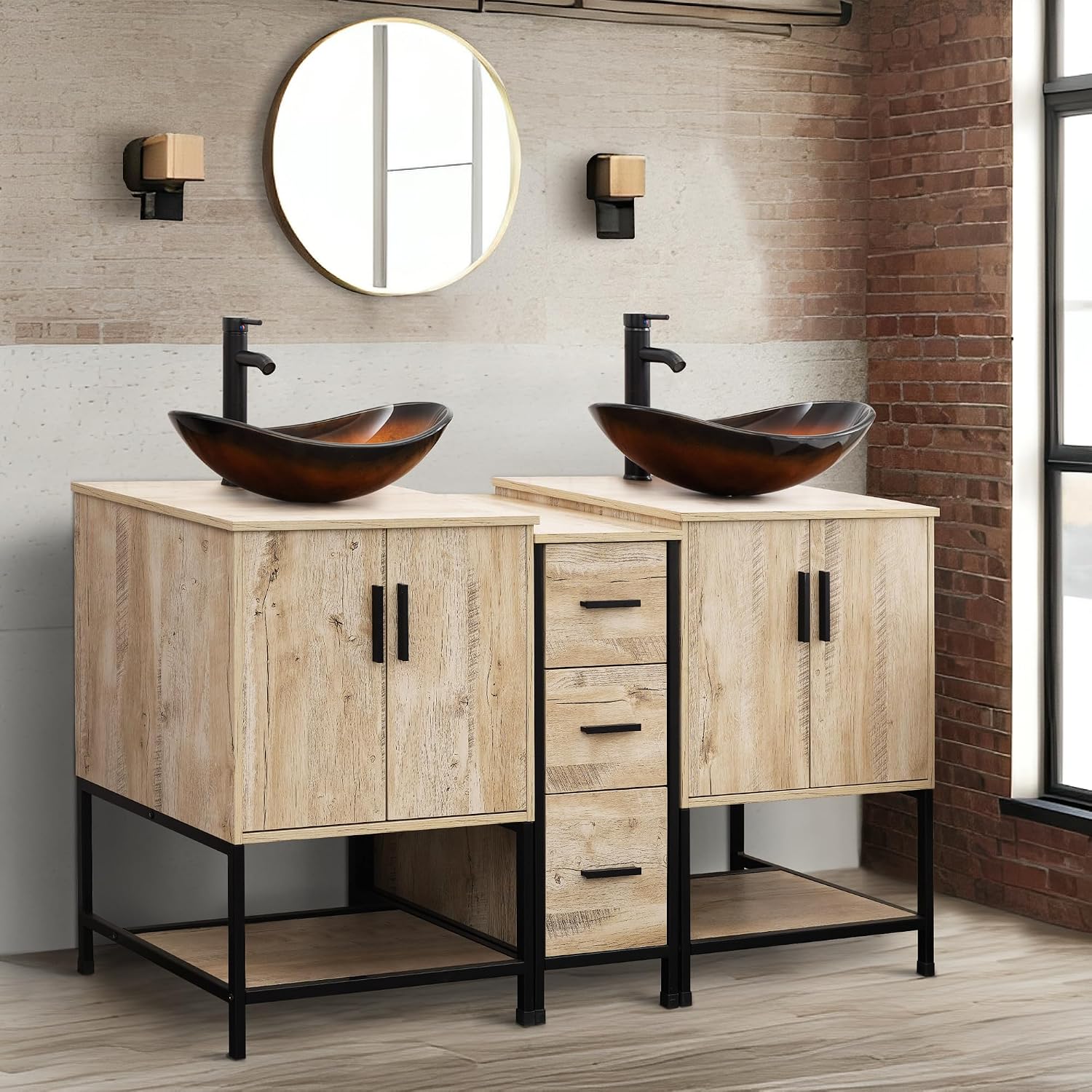 UEV Rustic Oak 60' Double Bathroom Vanity with Sink Combo,Industrial Iron Frame 2 Main Bathroom Vanity with Middle 3 Drawers Cabinet,Modern Brown Boat Tempered Glass Vessel Sink(029BR)