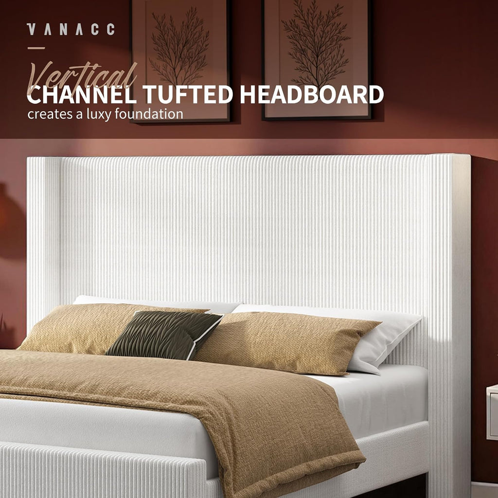VanAcc King Size Platform Bed Frame, 50.8' Corduroy Upholstered Bed with Vertical Channel Tufted Headboard/Wooden Slats/Wingback/No Box Spring Required/White