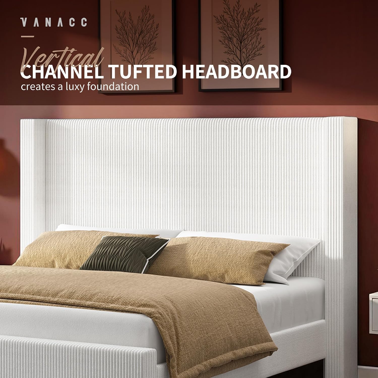 VanAcc California King Size Platform Bed Frame, 50.8' Corduroy Upholstered Bed with Vertical Channel Tufted Headboard/Wooden Slats/Wingback/No Box Spring Required/White