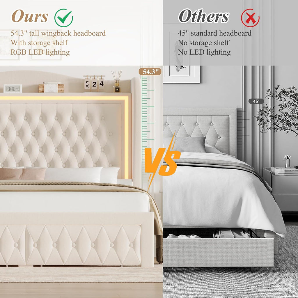 Queen Bed Frame 55' Tall Headboard with LED Lights, Buttons Tufted Velvet Upholstered Platform Bed Frame with 2 Storage Drawers, Wood Slats Support Mattress Foundation, No Box Spring Needed, Beige