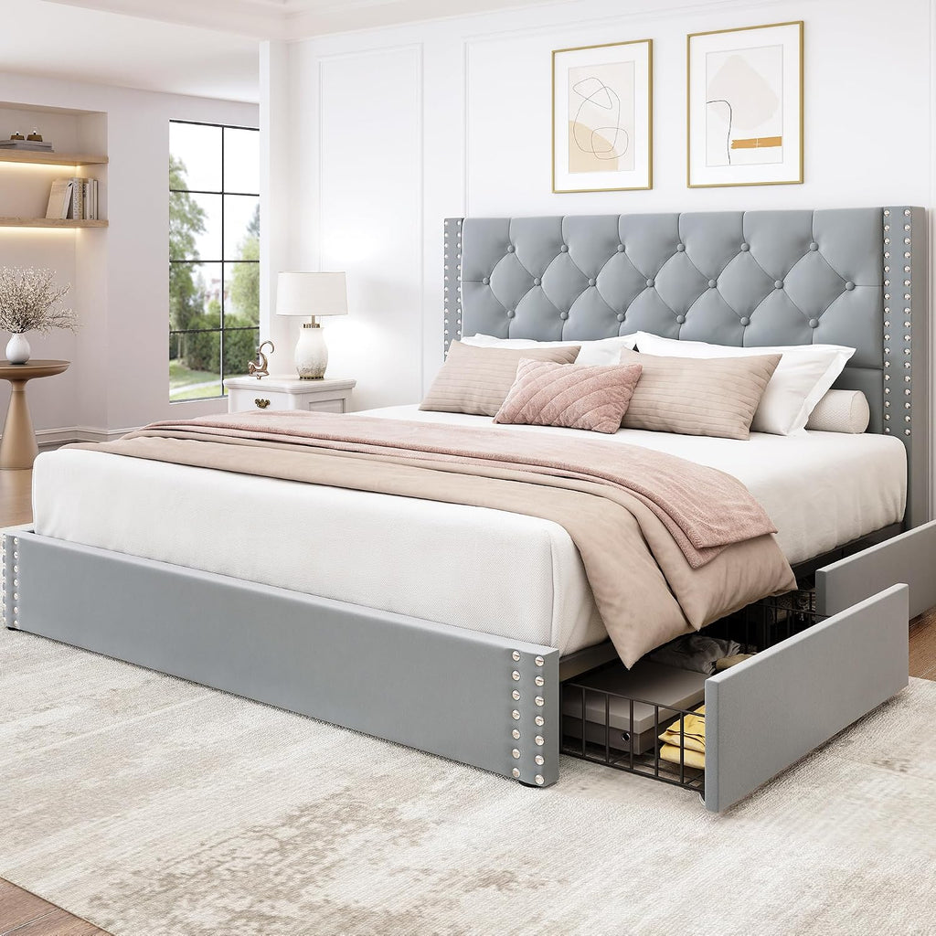 LARMACE Full Size Bed Frame Upholstered Platform Bed with 4 Storage Drawers and Tufted Headboard Bed Frame with Heavy Duty Wood Slats, No Box Spring Needed, Easy Assembly, Bluish Grey
