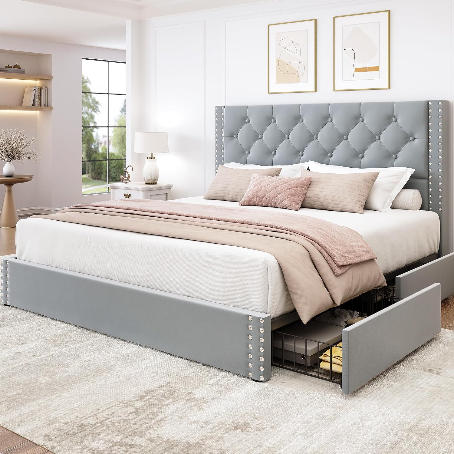 LARMACE Full Size Bed Frame Upholstered Platform Bed with 4 Storage Drawers and Tufted Headboard Bed Frame with Heavy Duty Wood Slats, No Box Spring Needed, Easy Assembly, Bluish Grey
