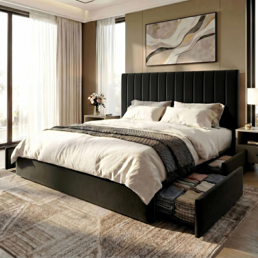 SHA CERLIN King Size Platform Bed Frame with 4 Storage Drawers, Vertical Channel Tufted Adjustable Headboard, Velvet Upholstered, Wooden Slats Support, No Box Spring Needed, Easy Assembly, Black