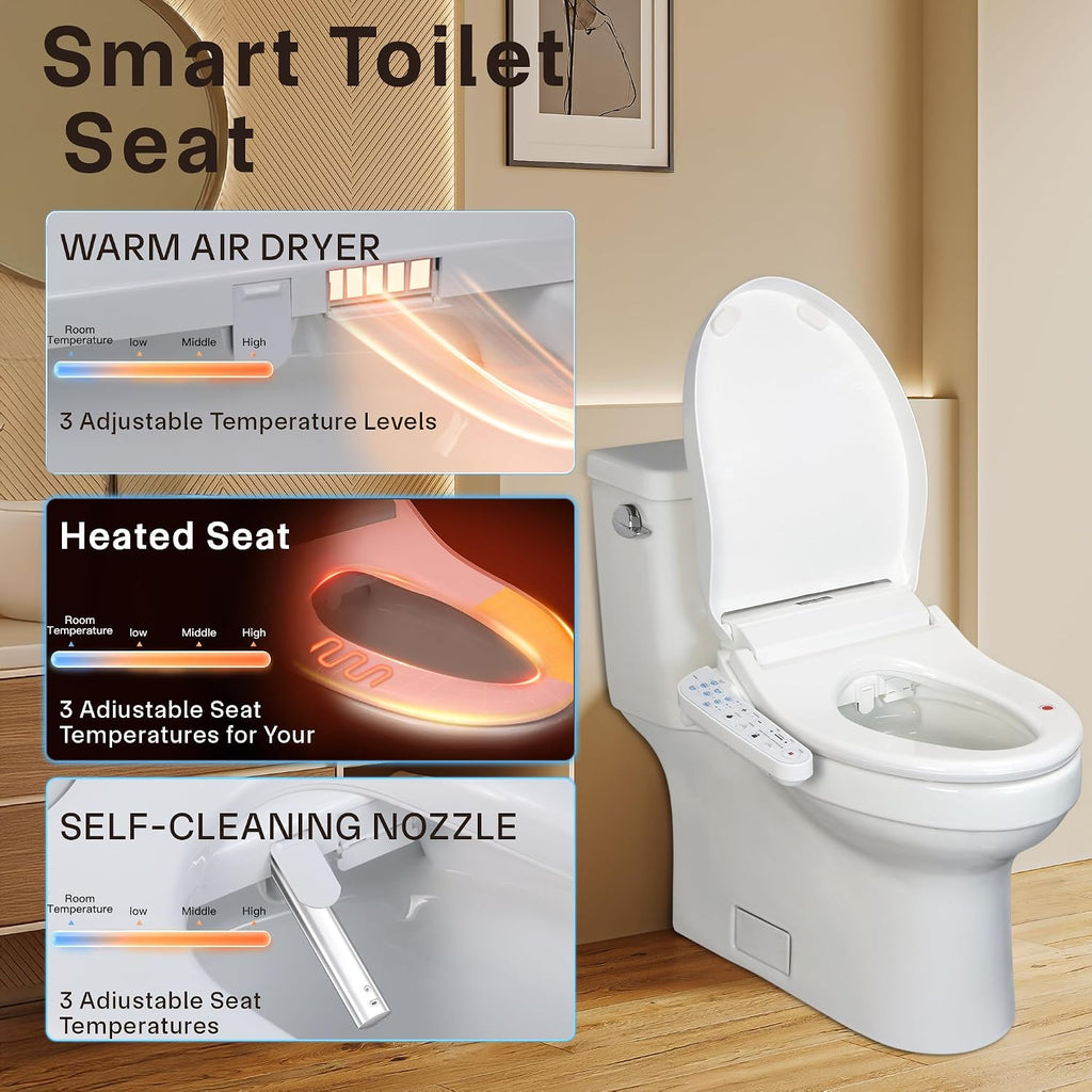 KERDE P30B Bidet Toilet Seat - Dual Control (Side Panel & Remote), Warm Water Wash, Heated Seat, Warm Air Dryer, LED Night Light,Existing Toilets Electric Bidet Elongated Electronic Heated Smart