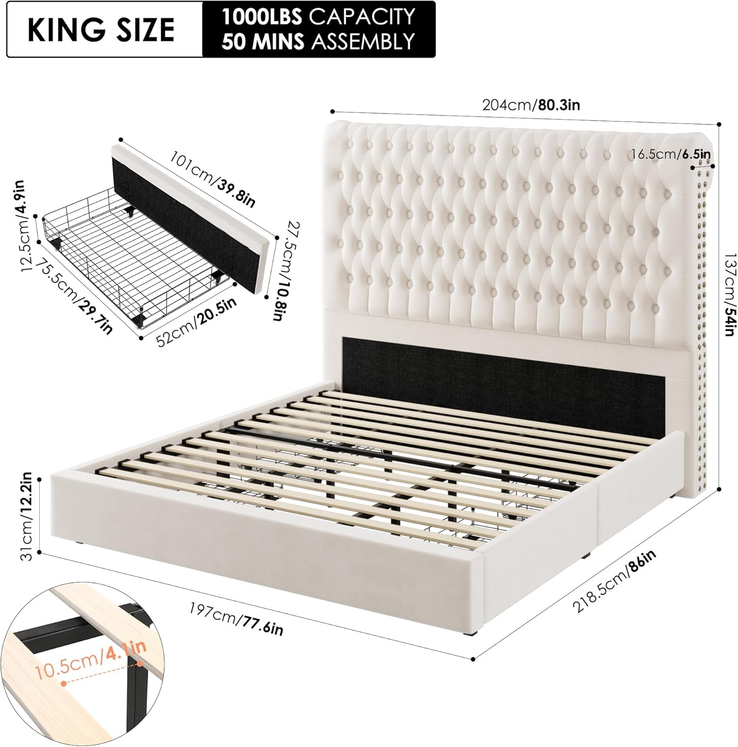 King Size Bed Frame 54' Tall Headboard with Gorgeous Button Tufted and Nail, Velvet Fabric Upholstered Bed Frame includes 4 Under-bed Storage Drawers, Wooden Slats, Noise-Free, Easy Assembly, Beige