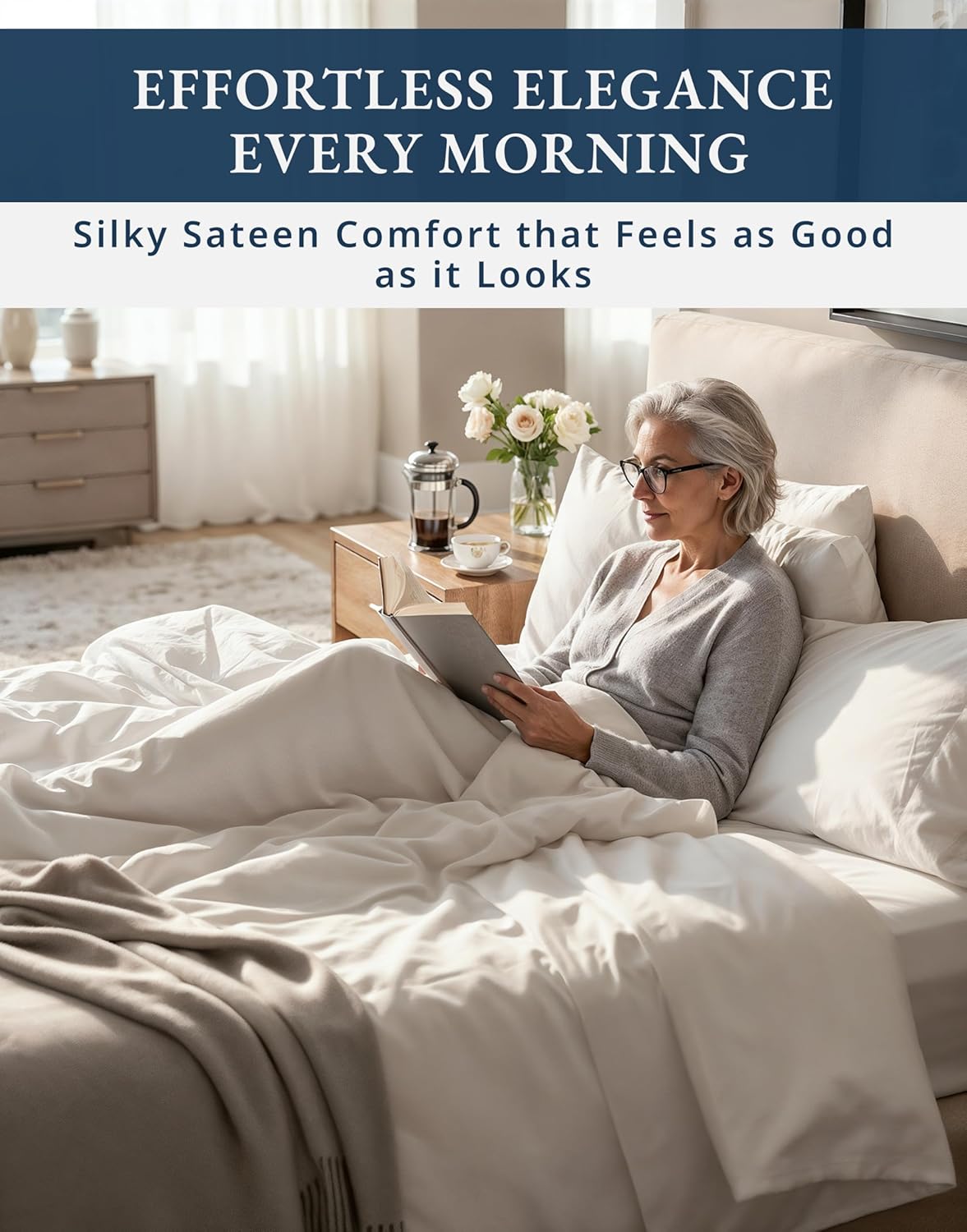 100% Egyptian Cotton Sheets Queen Size - Luxury 1000 Thread Count Naturally Cooling & Breathable Silky Sateen Weave Queen Sheet Set, Soft & Durable Hotel Sheets with 15' Snug Fit Deep Pockets - White