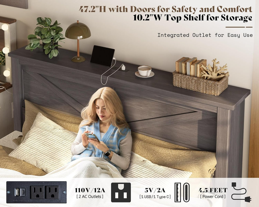 AMERLIFE 47.2' H Queen Bed Frame with Hidden Space Bookcase Headboard and Charging Station, Beds with 2 Storage Drawers and Wood Slats, No Box Spring Needed, Grey