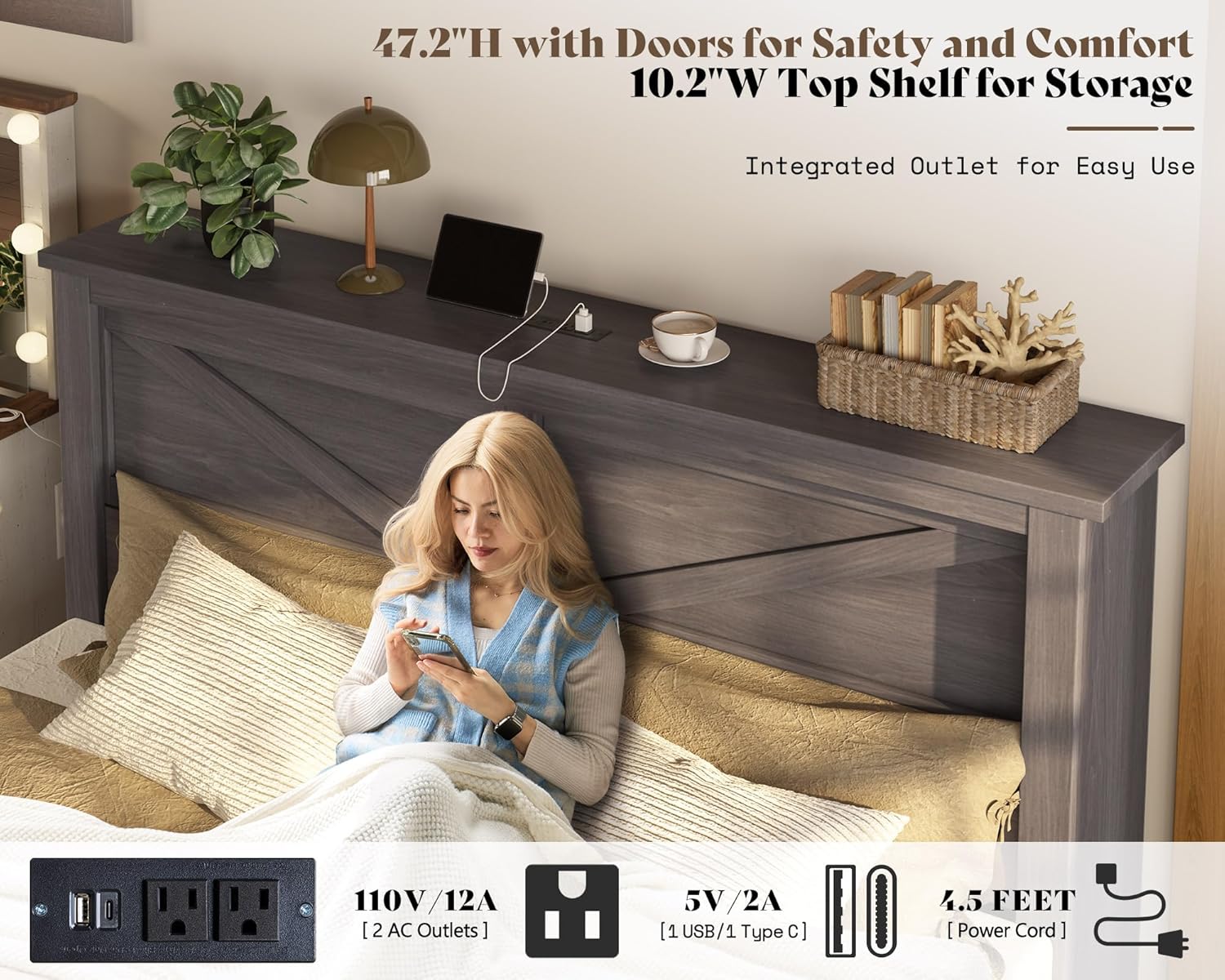 AMERLIFE 47.2' H Queen Bed Frame with Hidden Space Bookcase Headboard and Charging Station, Beds with 2 Storage Drawers and Wood Slats, No Box Spring Needed, Grey