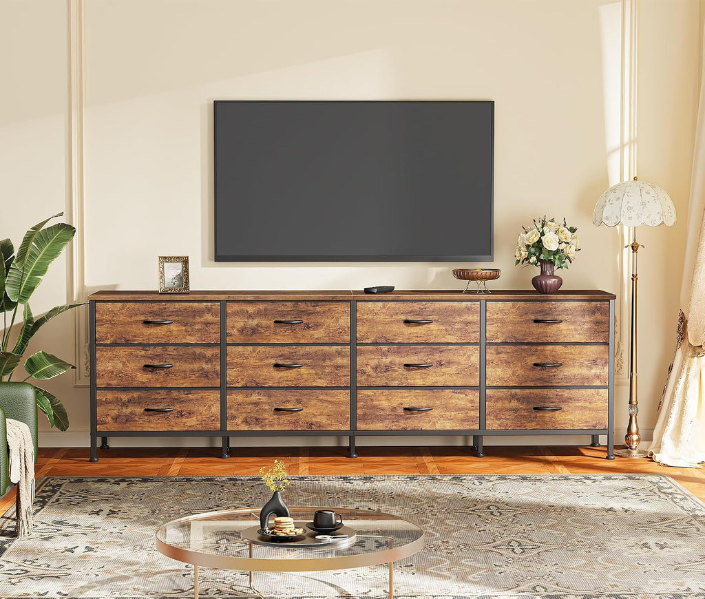 Huuger 70 Inch Dresser for Bedroom, TV Stand for 65, 75, 80 Inch TV, 12 Fabric Drawer Long Dresser, Large Entertainment Center for Bedroom, Wide Chest of Drawer with Storage, Rustic Brown