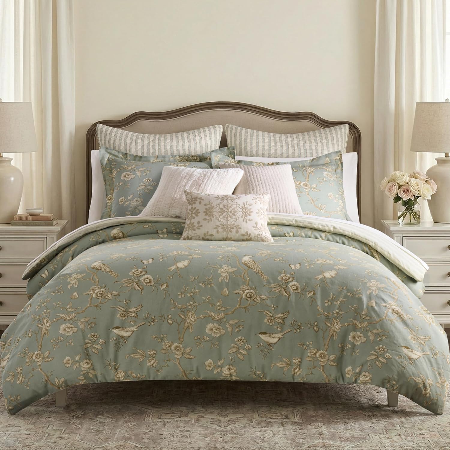 Levtex Home - Lyon Teal Comforter Set - Twin Comforter (68x88in) and 1 Standard Sham (20x26in) - Toile Bird Floral Design - Teal - Reversible - Cotton