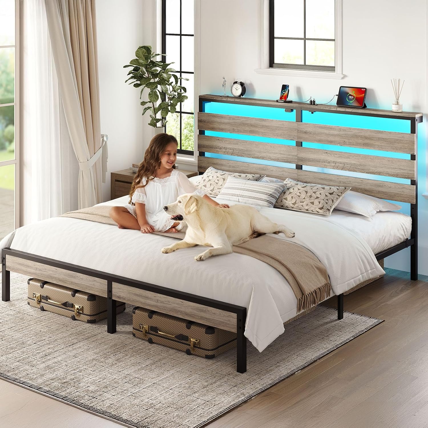 Rolanstar King Size Bed Frame with LED Lights and Charging Station, Wood Storage Headboard and Under Bed Storage, Metal Platform, Noise Free, No Box Spring Needed, Balck Oak