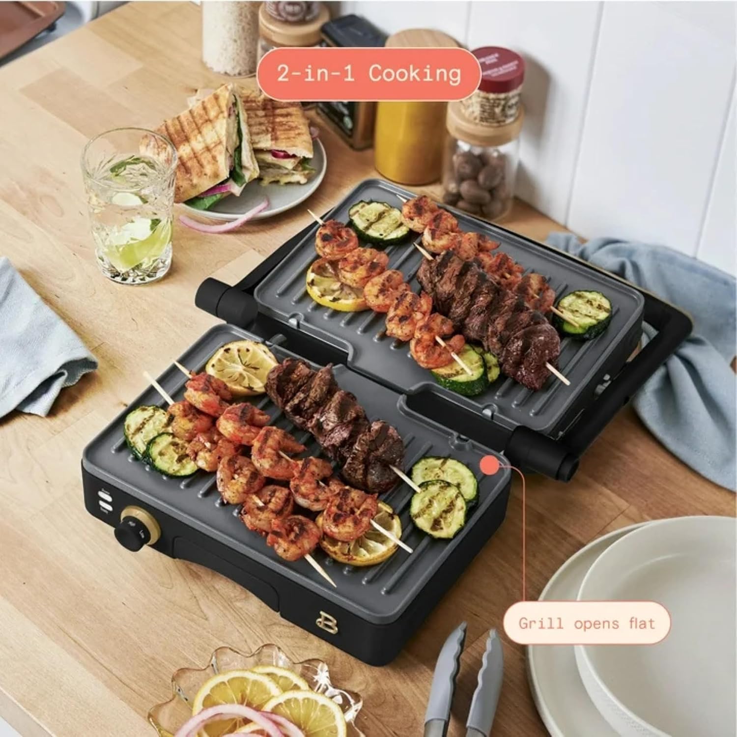 Panini Press Indoor Grill 2-in-1 Electric Contact Grill with Removable Nonstick Plates, 1200W Adjustable Temperature Sandwich Maker (Black Sesame)