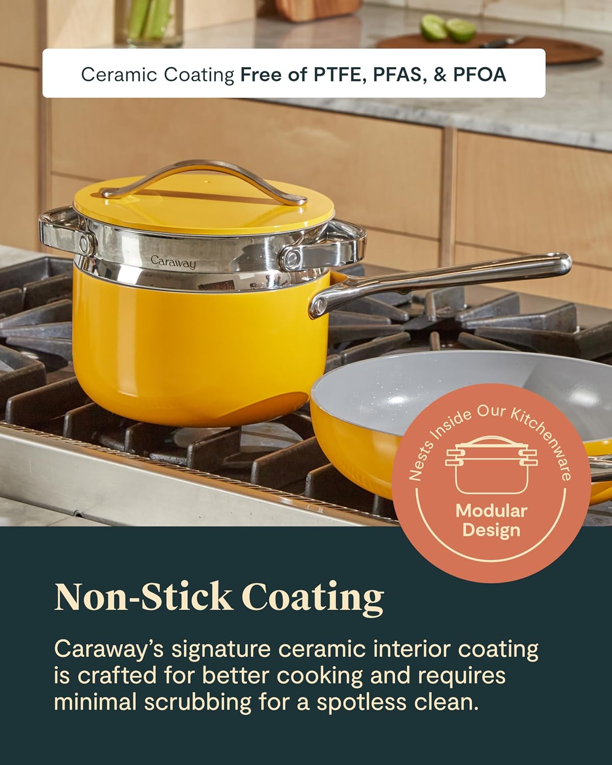 Caraway Nonstick 3 Qt Ceramic Sauce Pan with Lid & Steamer - Non Toxic, PTFE & PFOA Free - Oven Safe & Compatible with All Stovetops (Gas, Electric & Induction) - Sage