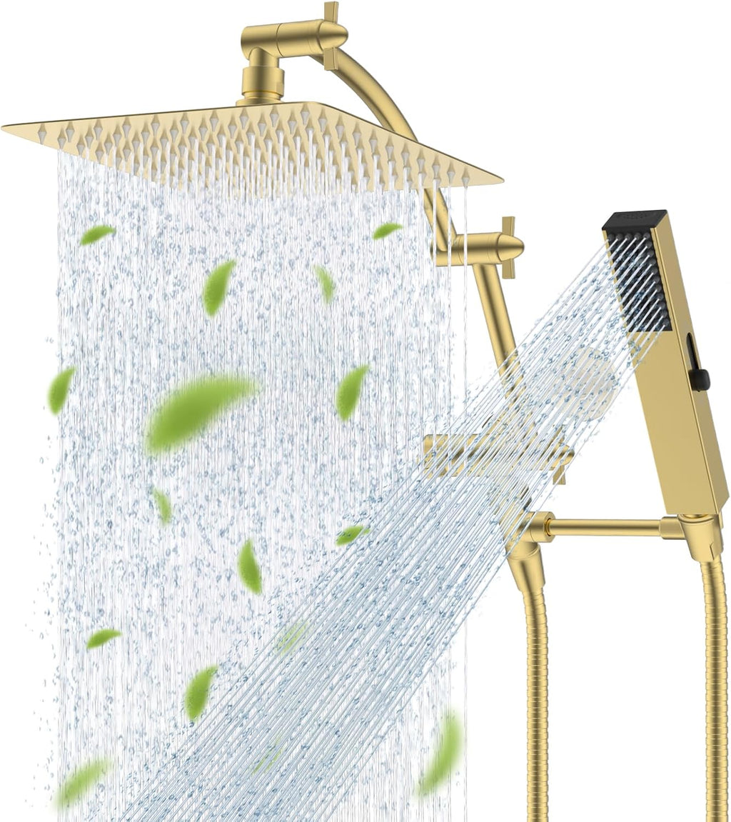 Hibbent All Metal CUPC Certified 10'' Rain Shower Head, Dual Shower Head Combo, High Pressure Handheld 4 Sprays Shower Wand, 16'' Adjustable Extension Arm, 71'' Hose, Shower Holder, Brushed Gold