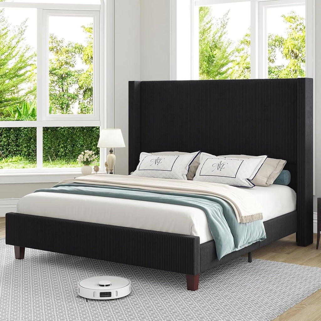 HOWE King Size Bed Frame with 61.4' Extra Tall Headboard, Corduroy Upholstered Bed with Vertical Wingback Headboard, No Box Spring Needed/Noise Free/Solid Wood Slats & Legs/Black