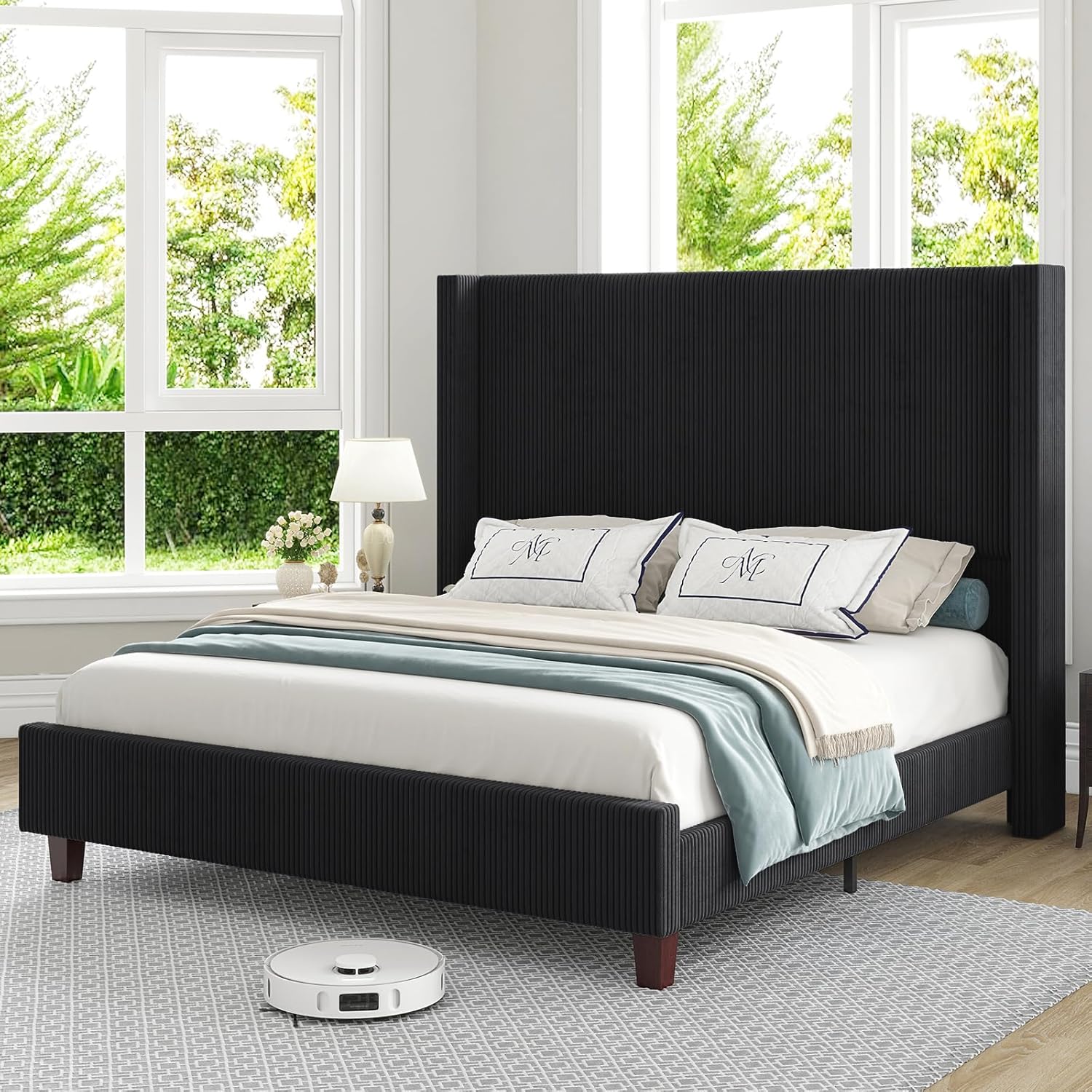 HOWE King Size Bed Frame with 61.4' Extra Tall Headboard, Corduroy Upholstered Bed with Vertical Wingback Headboard, No Box Spring Needed/Noise Free/Solid Wood Slats & Legs/Black