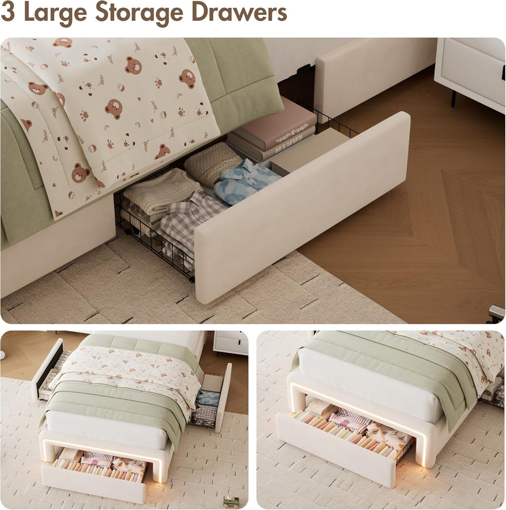 Twin LED Bed Frame with Storage Headboard & Charging Station, Velvet Fabric Platform Bed Frames with 3 Drawers, Button Tufted Upholstered, No Box Spring Needed, Noise Free, Beige