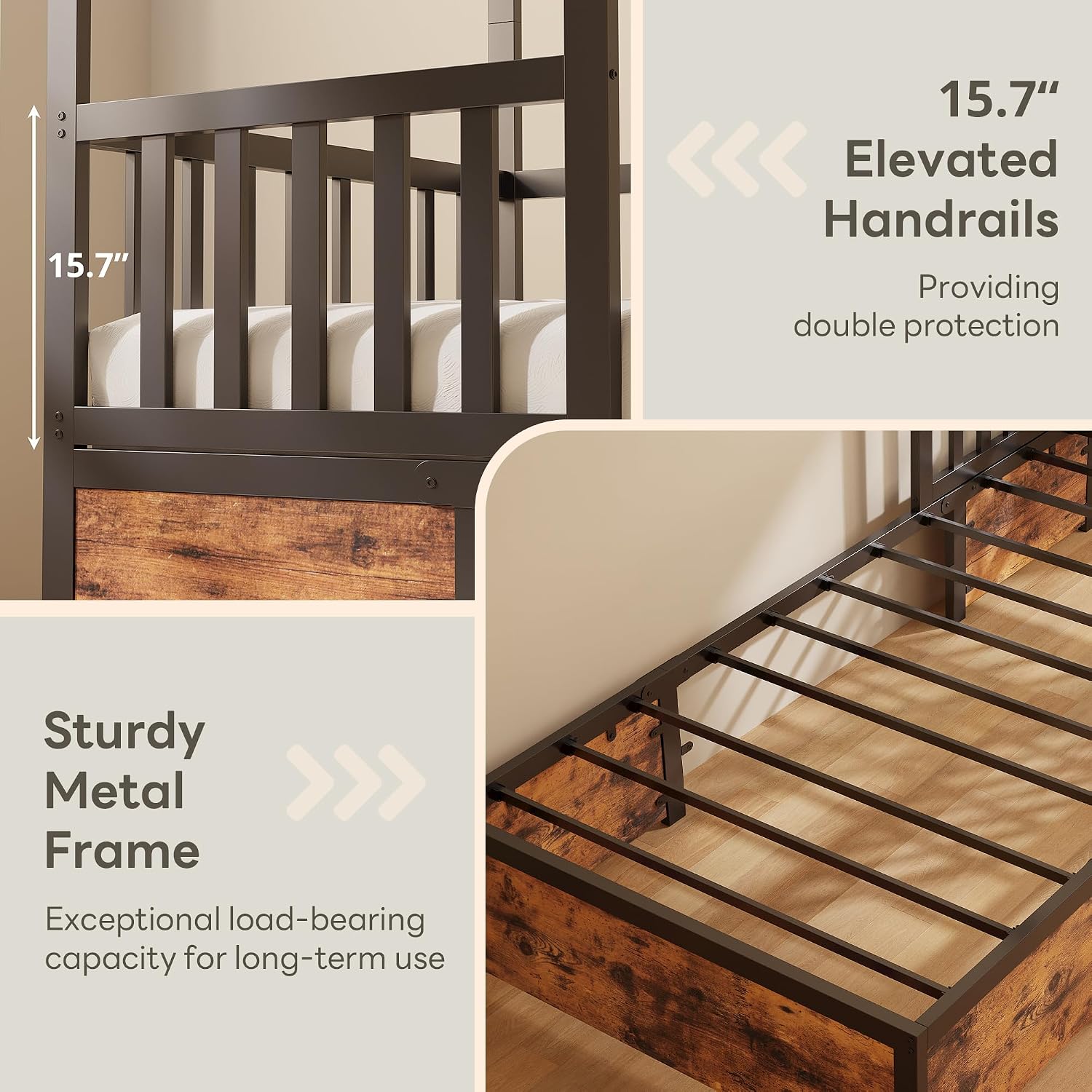 LIKIMIO Twin Bed Frame with Storage, Wooden Platform Bed with Sturdy Metal Slats Support, No Box Spring Needed, Vintage Brown and Black