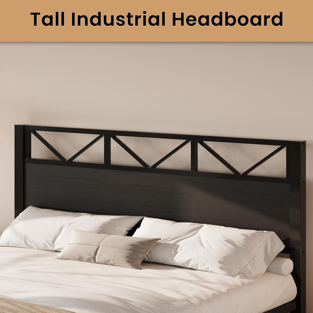 LIKIMIO King Bed Frame, Tall Industrial Headboard 51.2 ', Platform Bed Frame with Strong Metal Support, Solid and Stable, Noise Free, No Box Spring Needed, Easy Assembly, Black