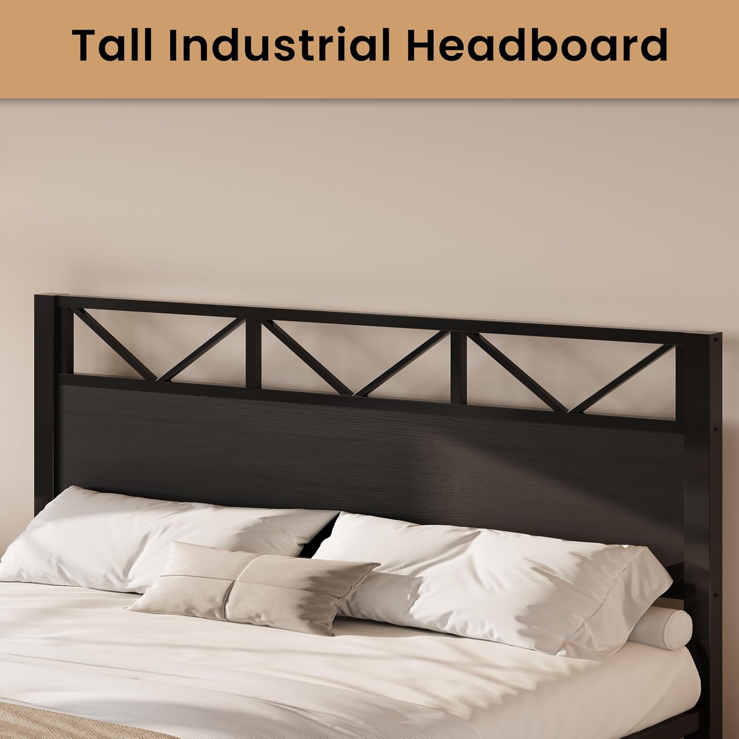 LIKIMIO King Bed Frame, Tall Industrial Headboard 51.2 ', Platform Bed Frame with Strong Metal Support, Solid and Stable, Noise Free, No Box Spring Needed, Easy Assembly, Black