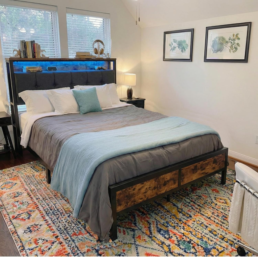 Full Size Bed Frame with Charging Station,Bed Frame Full Size with LED Linghts Have Upholstered Storage Headboard and 12' Under-Bed Storage, Providing Noise-Free and No-Sliding Support,Vintage Brown