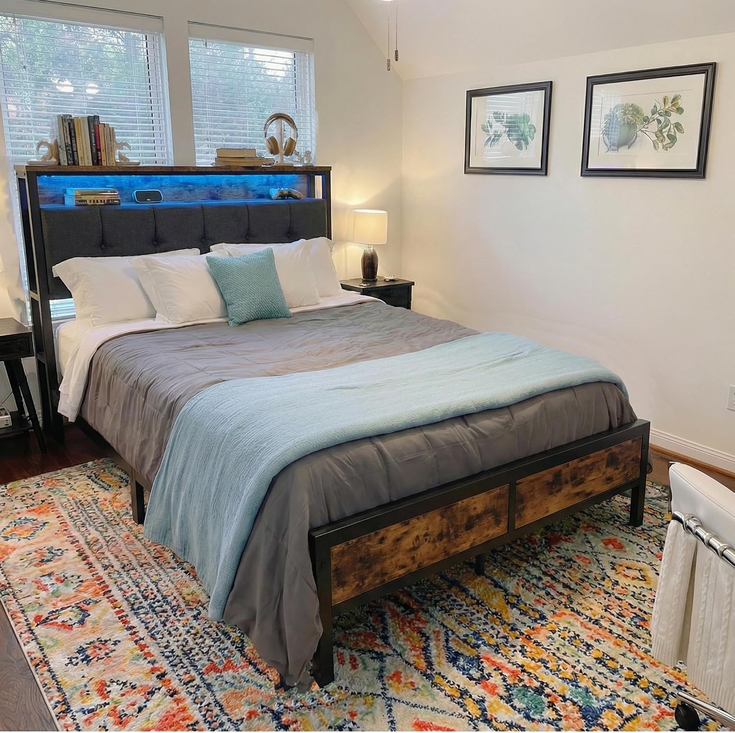 Full Size Bed Frame with Charging Station,Bed Frame Full Size with LED Linghts Have Upholstered Storage Headboard and 12' Under-Bed Storage, Providing Noise-Free and No-Sliding Support,Vintage Brown