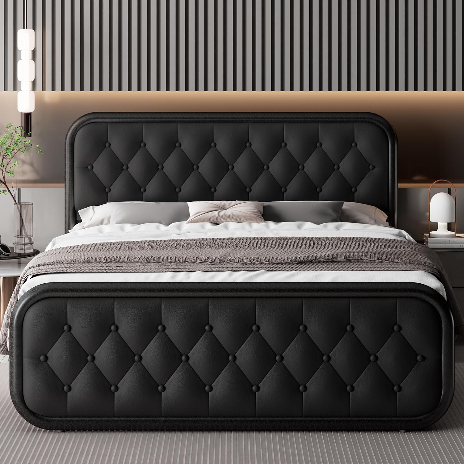Feonase Full Size Bed Frame, Heavy Duty Bed Frame with Faux Leather Headboard, Upholstered Platform Bed with Strong Metal Slats, 12' Under-Bed Storage, Noise-Free, Easy Assembly, Black