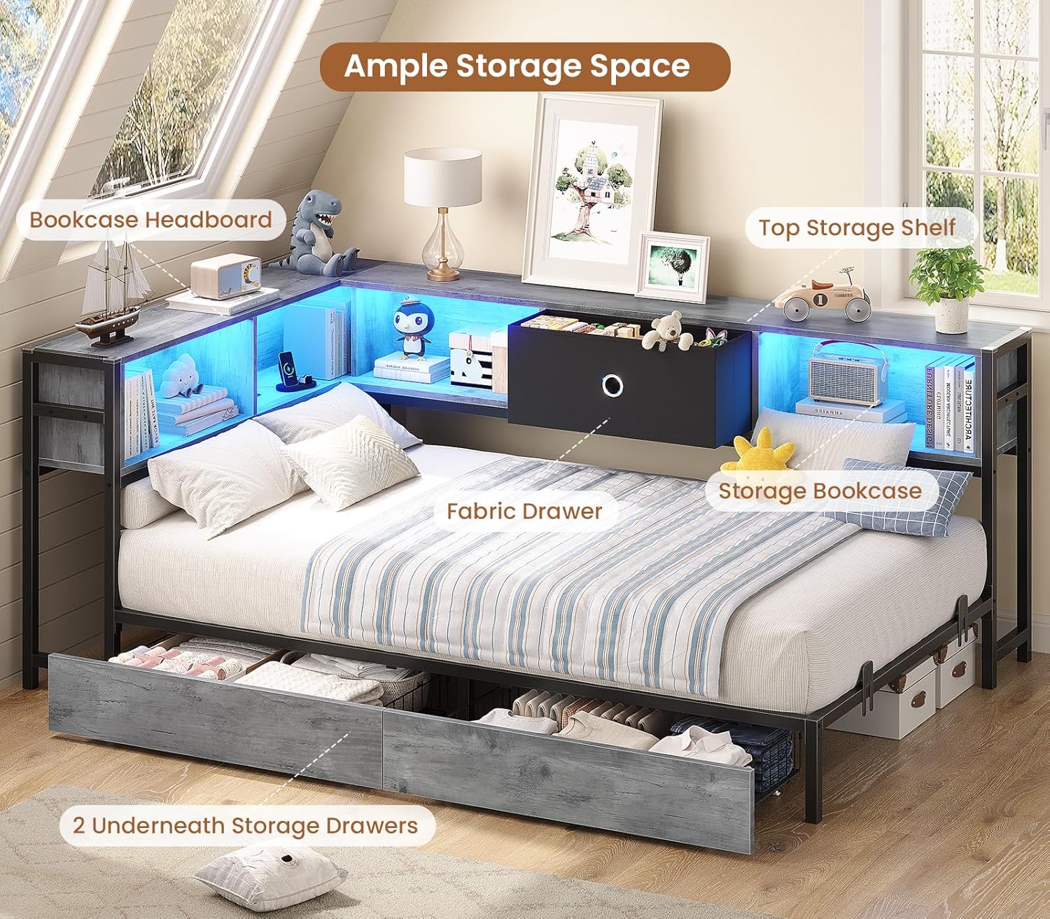 Hasuit Corner Bed Frame Twin XL with Storage Drawers and Bookcase Headboard, Twin xl Metal Platform Corner Bed Frame with Charging Station and LED Lights, Twin XL Daybed for Kids Teens Guests,Oak Gray