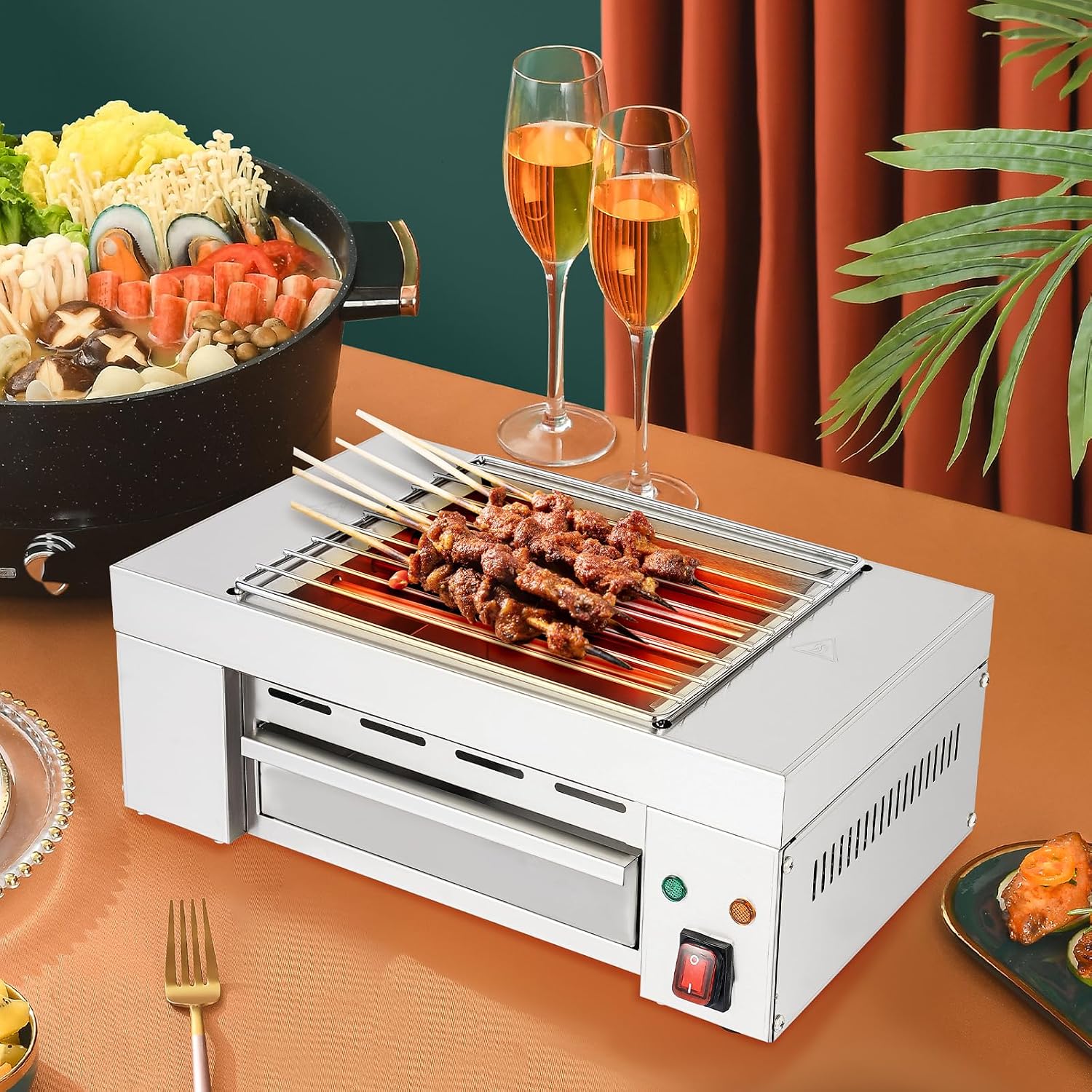 Electric Grill,Barbecue Smokeless Indoor Grill,110V 1.5KW Commercial Electric Countertop Griddles Stainless Steel Adjustable Temperature Control 32-446 ° F for Home or Restaurant Use,Silver