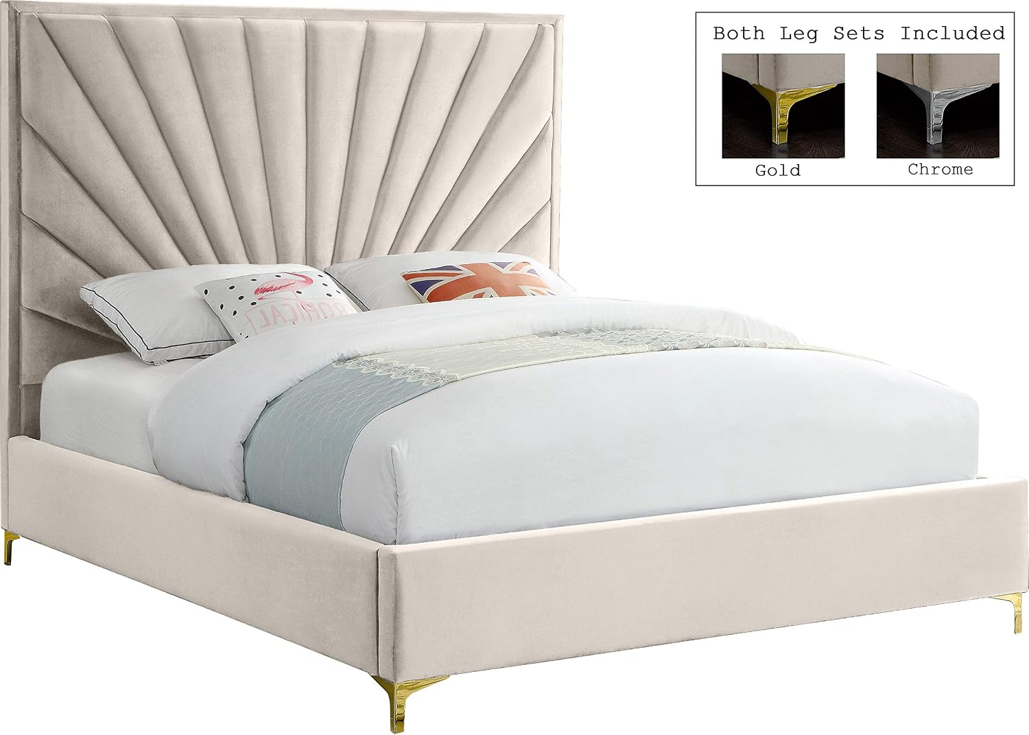 Meridian Furniture Eclipse Collection Modern | Contemporary Velvet Upholstered Bed with Channel Tufted Design and Complete Sets of Gold and Chrome Legs Included, King, Cream