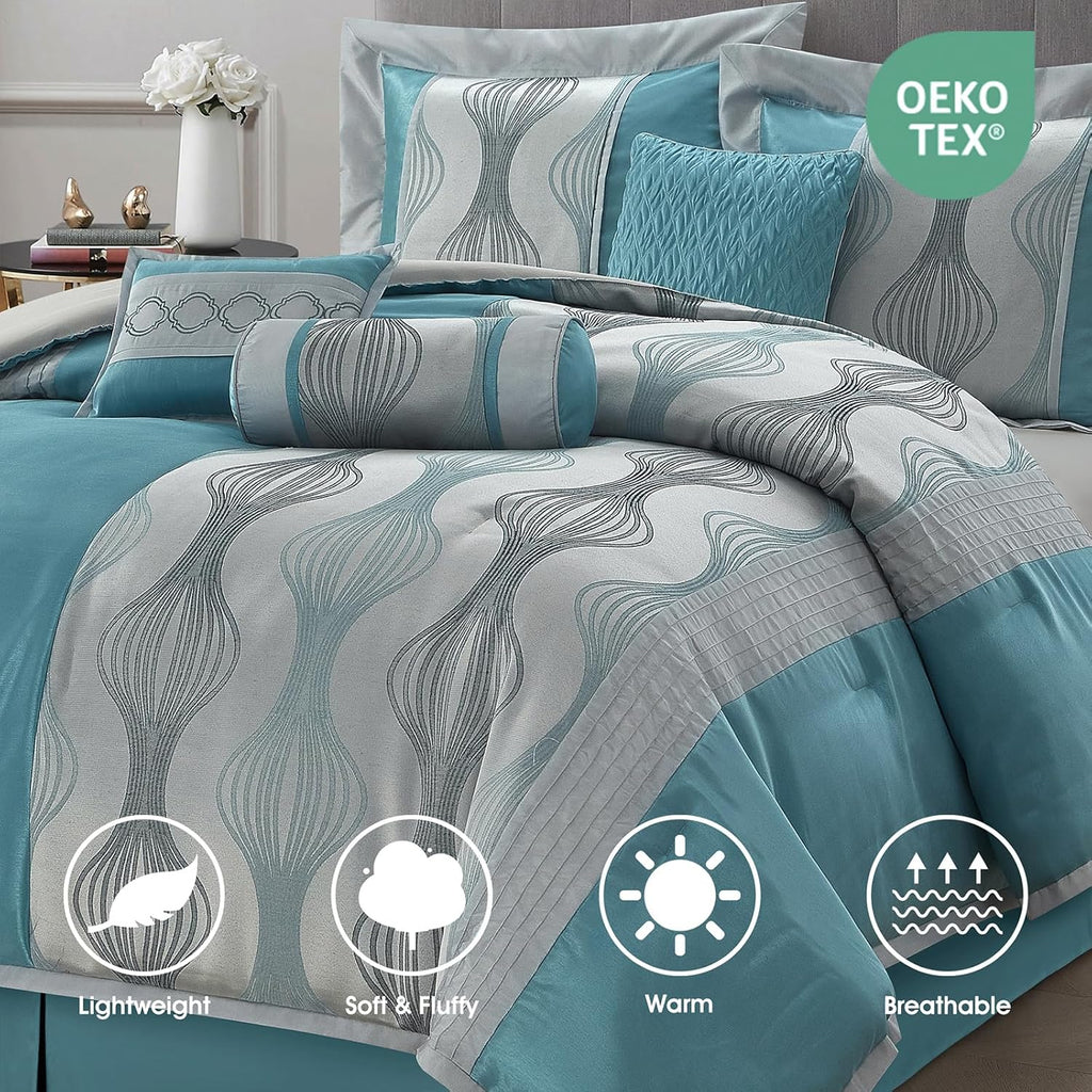LANCO MODERN LIFESTYLE King Comforter Set, Blue, 7 Pieces in a Bag, Ultra Soft Jacquard with Solid Piecework, Luxury Bed Set with Comforters, Bed Skirt, Pillow Shams and Decorative Pillows