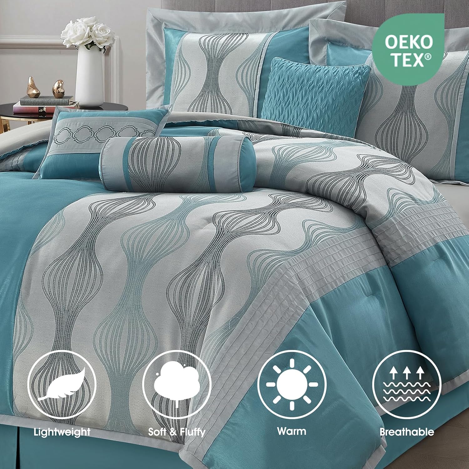 LANCO MODERN LIFESTYLE King Comforter Set, Blue, 7 Pieces in a Bag, Ultra Soft Jacquard with Solid Piecework, Luxury Bed Set with Comforters, Bed Skirt, Pillow Shams and Decorative Pillows