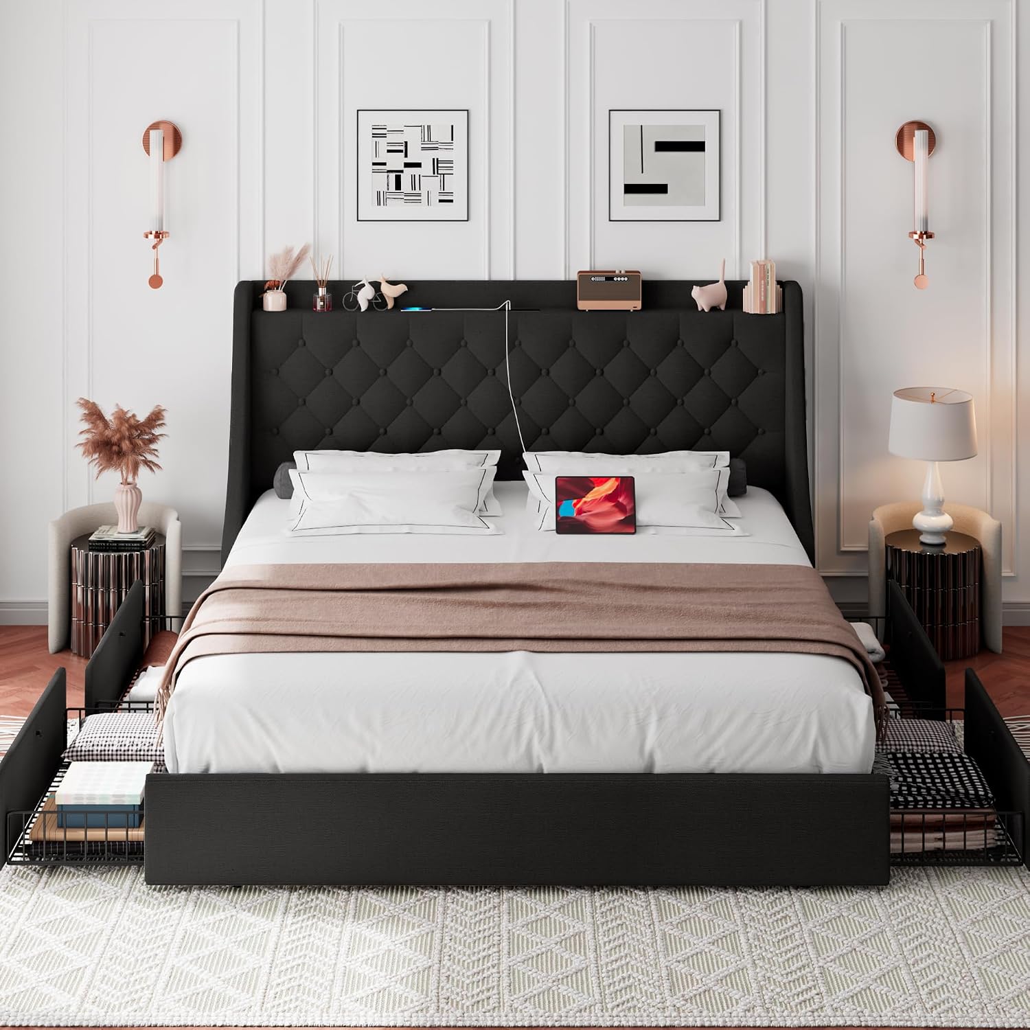 iPormis King Bed Frame with 4 Storage Drawers, Upholstered Platform Bed Frame with Type-C & USB Ports, Wingback Storage Headboard, Solid Wood Slats, No Box Spring Needed, Black