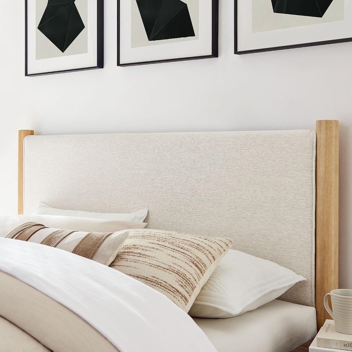 Modway Maven King Size Bed Frame in Ivory Oak with Upholstered Fabric Headboard and Footboard – Wood King Platform Bed Frame – No Box Spring Needed