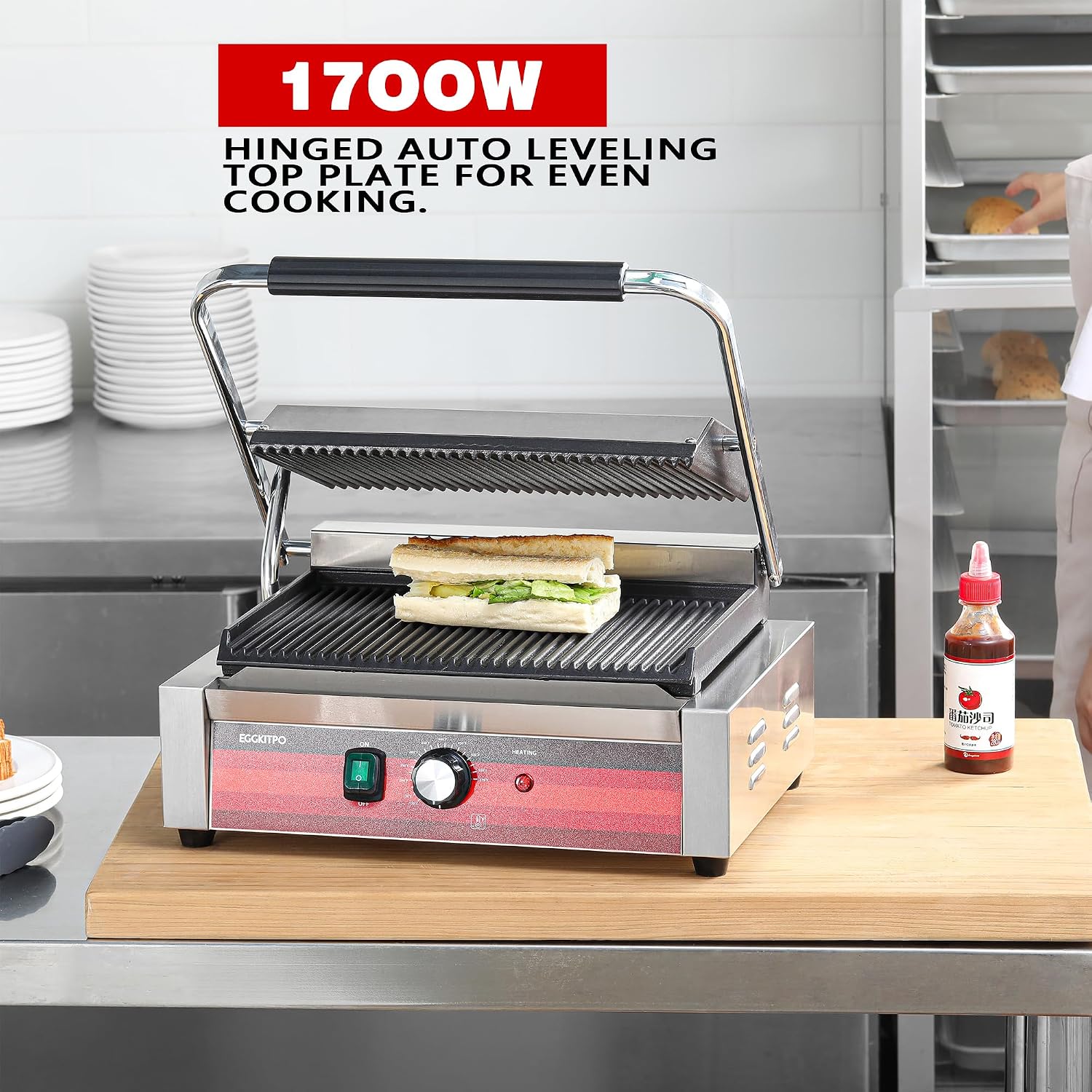 EGGKITPO Commercial Panini Press Grill with Grooved Plates Electric Sandwich Maker with Adjustable Temp Control 110V 1700W 14'×9.5' Ribbed Enamel Plates for Breakfast and Hamburger in Home Kitchen