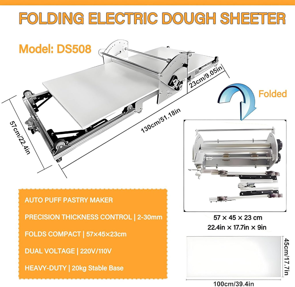 Foldable Electric Dough Sheeter, Automatic Pastry Maker with 2-30mm Precision Control, Commercial Grade for Bakery, Hotel & Home Kitchen DS508