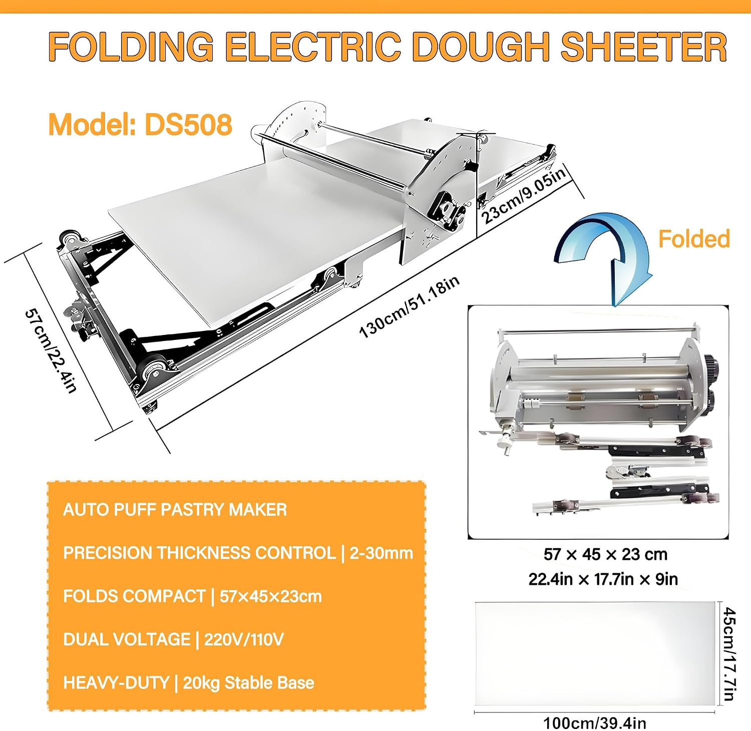 Commercial Dough Sheeter - Electric Puff Pastry Maker with Adjustable Thickness 2-30mm, Foldable Design for Restaurant, Bakery & Home Use DS508
