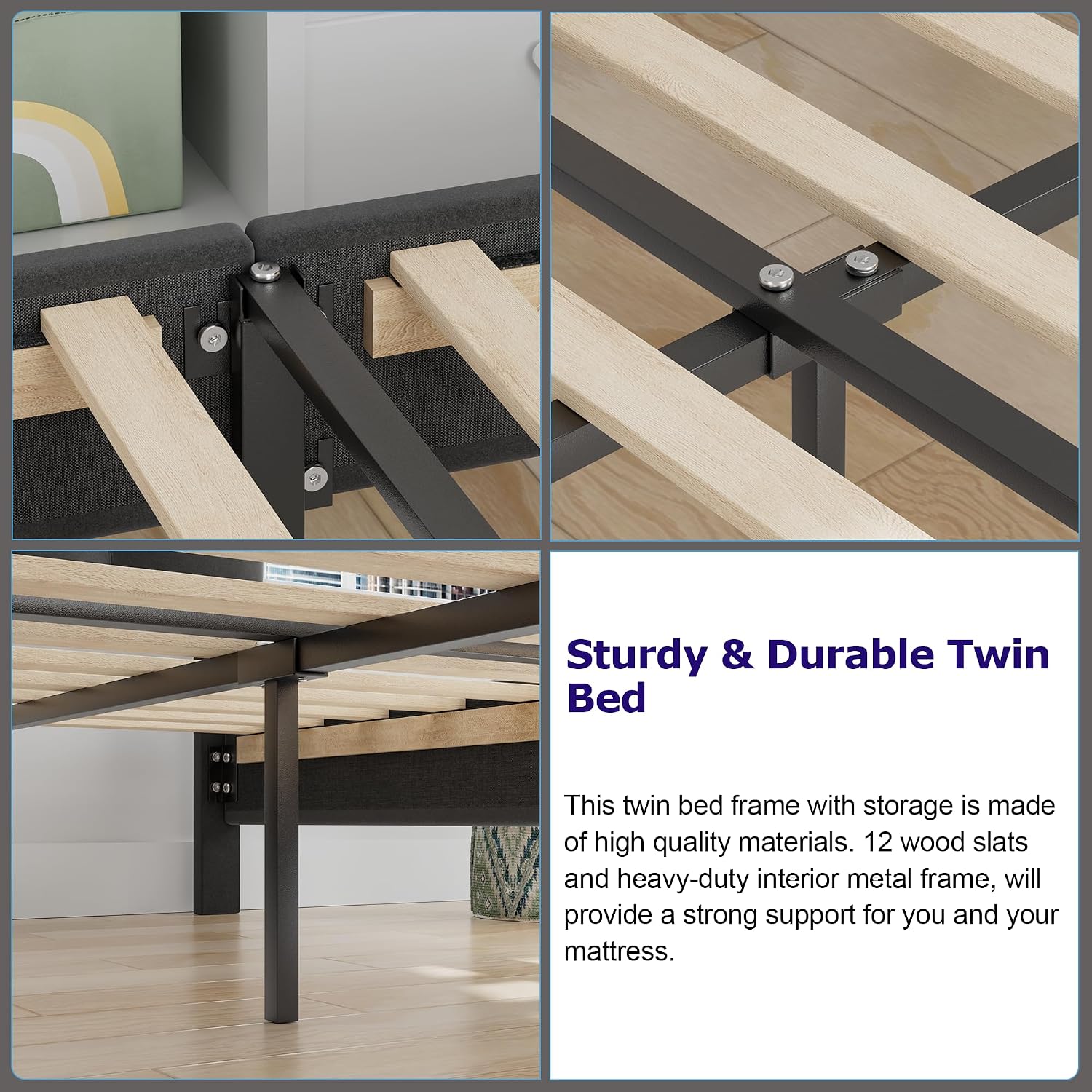 VECELO Twin Size Bed Frame with Storage Drawer, Heavy-Duty Platform Bedframe with Headboard & Strong Wooden Slats Support, No Box Spring Needed, Black