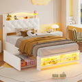 HAUOMS Twin Size Bed Frame with LED Lights & 4 Drawers, Princess Velvet Upholstered Platform Bed for Girls, Headboard with Charging Station & Guardrail & Crystal Button, No Box Spring Needed, Beige