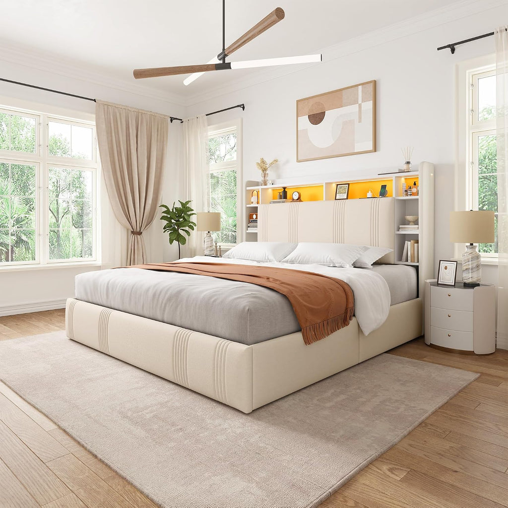 EnHomee Queen Bed Frame with 4 Storage Drawers and Headboard Shelf Upholstered Bed Frame Queen Size with LED & Charging Station, Noise Free No Box Spring Needed, Beige