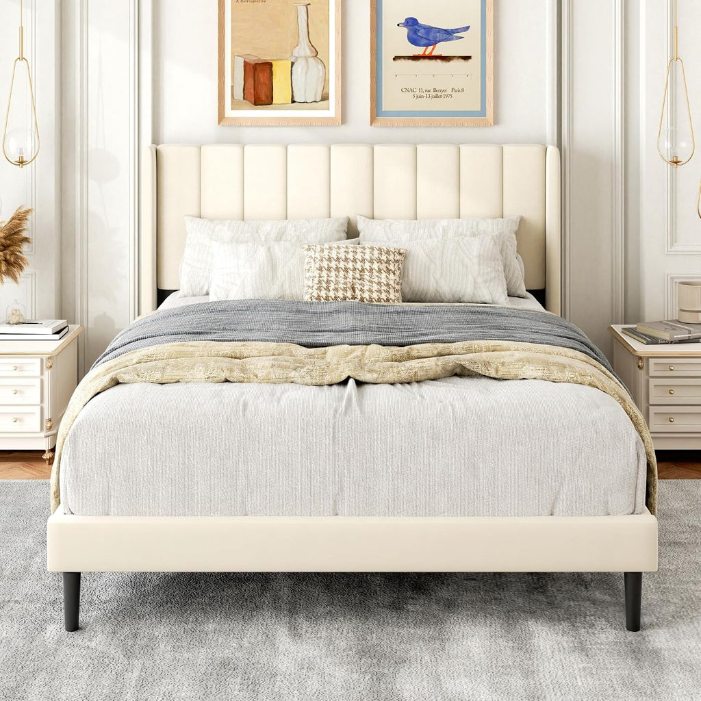 Gruwans Full Size Bed Frame with Upholstered Wingback Headboard, Easy Assemnly Platform Bed, Wooden Slat Support No Box Spring Needed, Cream