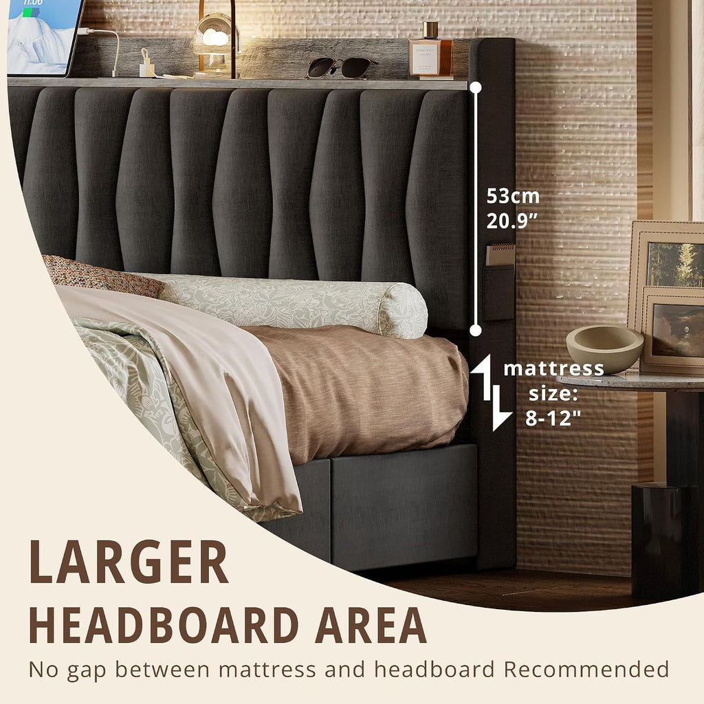 ANCTOR Twin Bed Frame with 3 Drawers, Upholstered Platform Bed with Storage Headboard and Charging Station, No Box Spring Needed, Easy Assembly, Grey