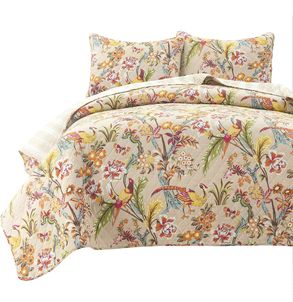 Lush Decor Dolores Reversible Cotton Quilt King Size 3 Piece Set Neutral & Multi - Tropical Bedding Set King - Floral Quilt - Cottage Bedroom Decor
