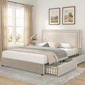 VECELO Queen Size Upholstered Bed Frame with 4 Storage Drawers, Adjustable Velvet Rivet Decor Headboard, Wooden Slats Platform Support, No Box Spring Needed, Easy Assembly,Beige