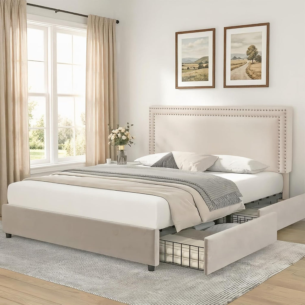 VECELO King Size Upholstered Bed Frame with 4 Storage Drawers, Adjustable Velvet Rivet Decor Headboard, Wooden Slats Platform Support, No Box Spring Needed, Easy Assembly,Beige