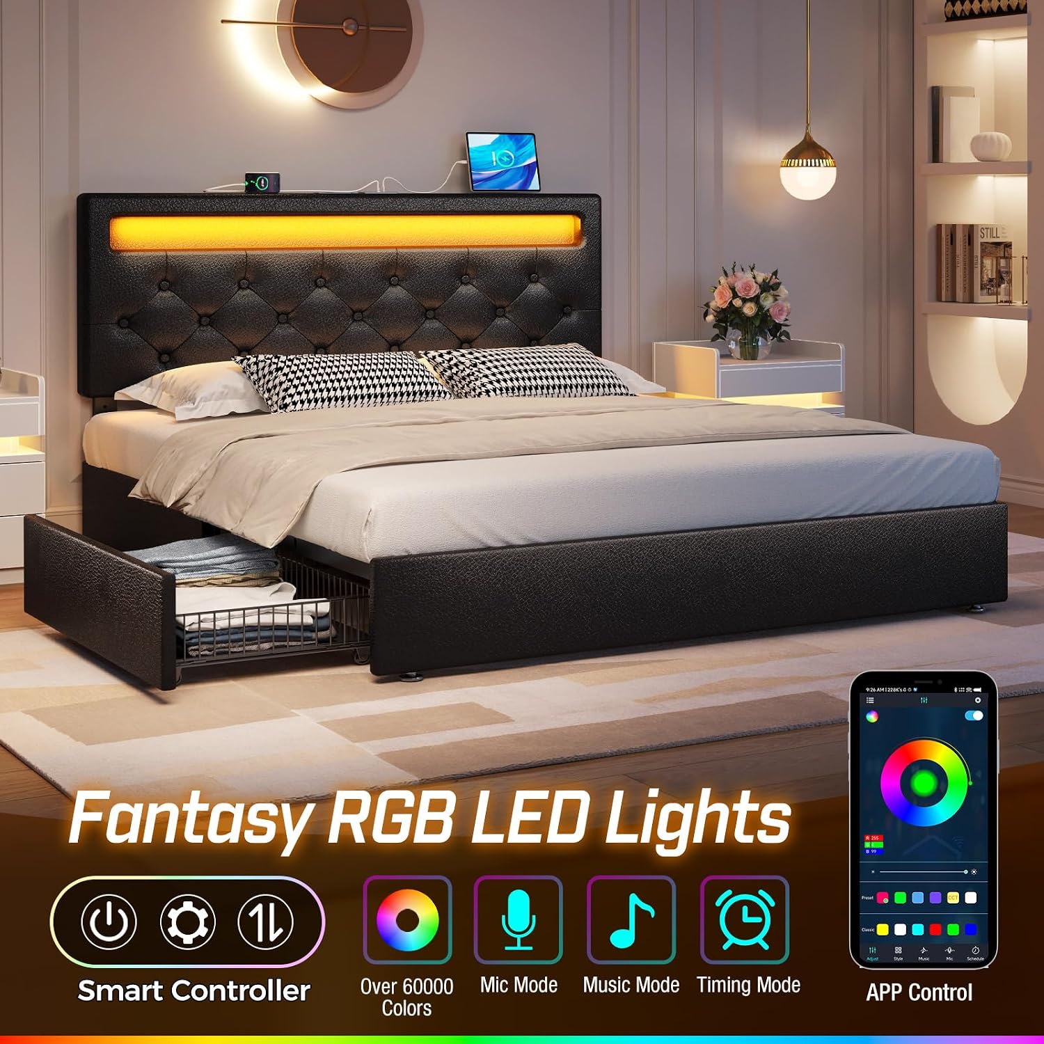 Rolanstar Queen Bed Frame with 4 Storage Drawers and Charging Station, Queen Bed with Led Lights, 2 USB & 1 Type C, Adjustable Headboard 38.9/40.8 Inches, No Box Spring Needed, Black