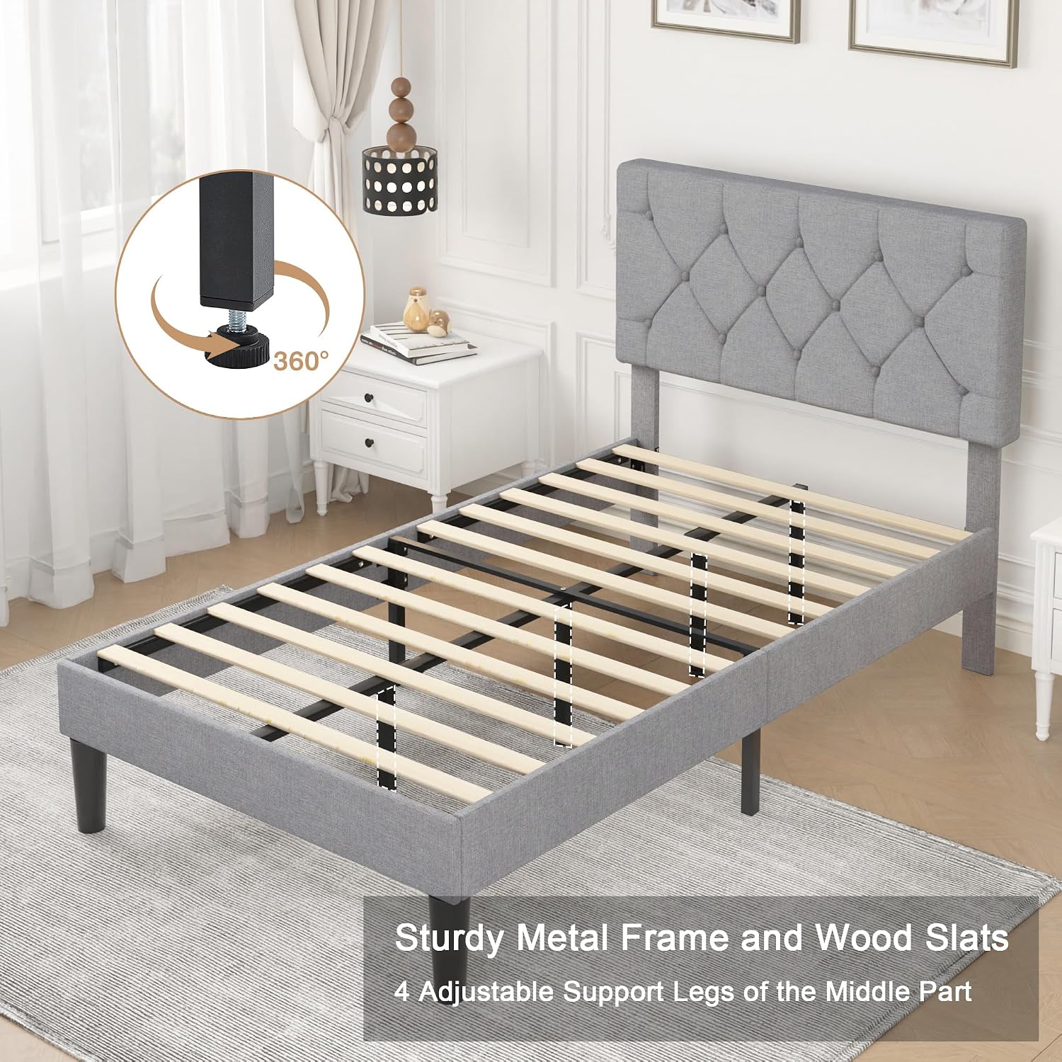 VECELO Twin Bed Frame with Button Tufted Headboard, Upholstered Platform with Wooden Slat Support, No Box Spring Needed, Linen Grey